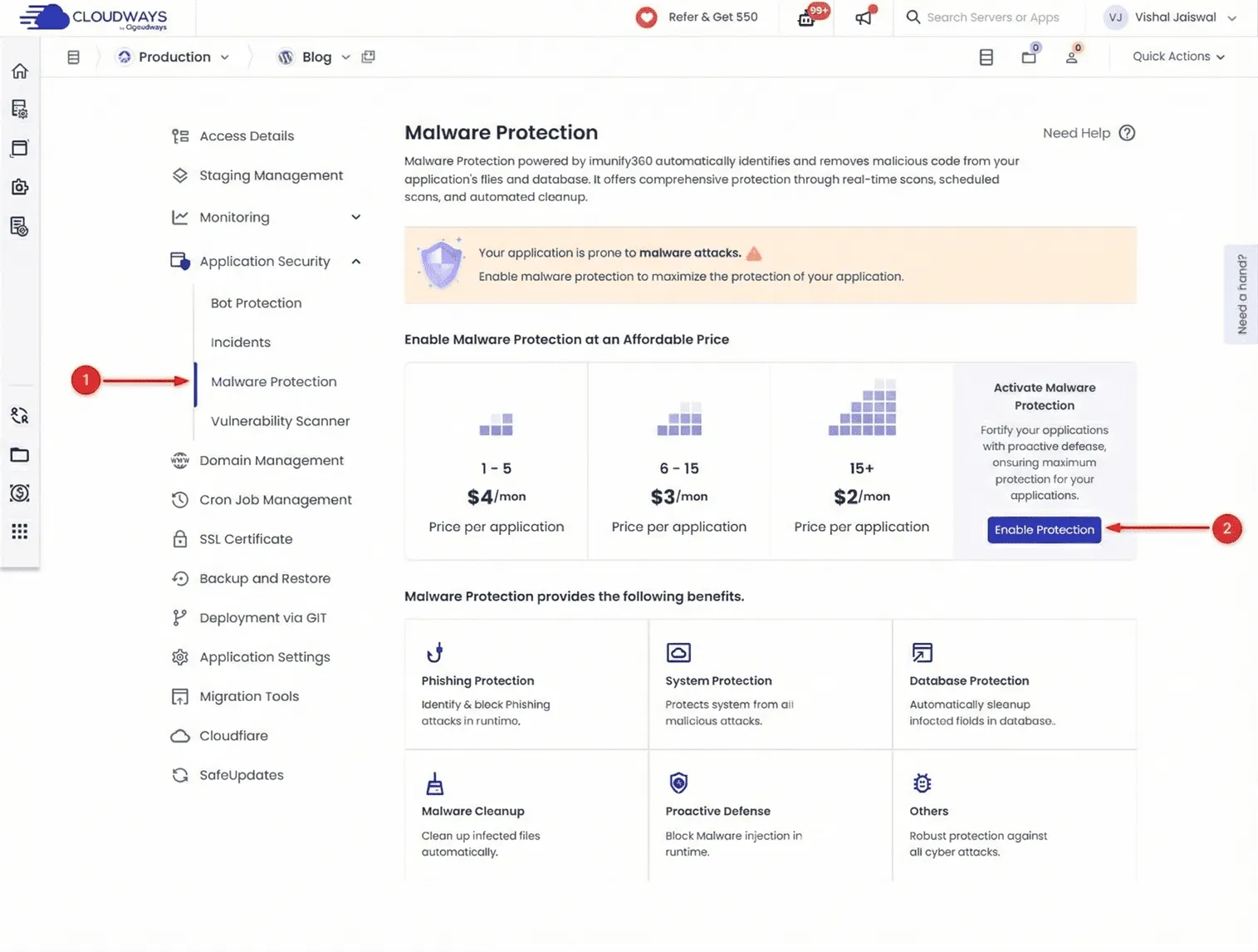 Cloudways application security dashboard showing malware protection settings, pricing plans per application, and the option to enable malware protection with phishing, system, and database protection features.