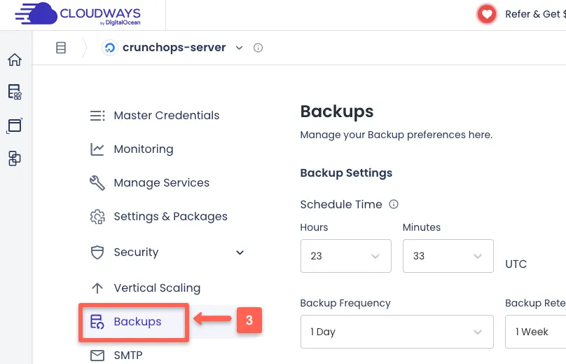 Cloudways server dashboard showing backup settings with scheduled backup time, daily backup frequency, retention period, and the backups menu highlighted in the sidebar.