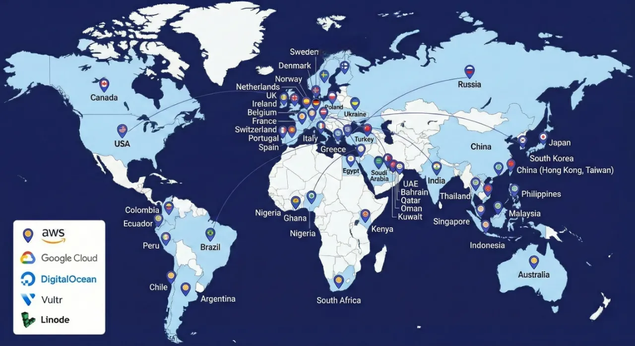 World map displaying global cloud server locations across AWS, Google Cloud, DigitalOcean, Vultr, and Linode