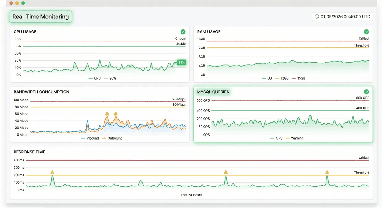 Real-time monitoring dashboard displaying CPU usage, RAM usage, bandwidth consumption, MySQL queries, and response time graphs with alert thresholds and healthy metrics highlighted in green.